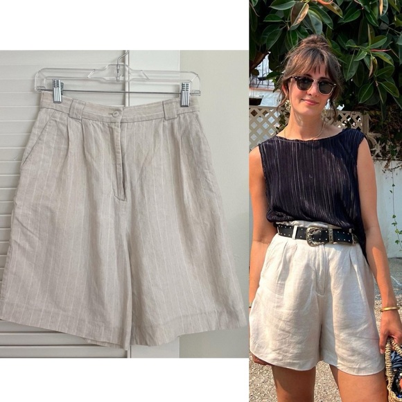 Vintage 90s Cotton-Linen Striped Highwaisted Shorts - Picture 1 of 13